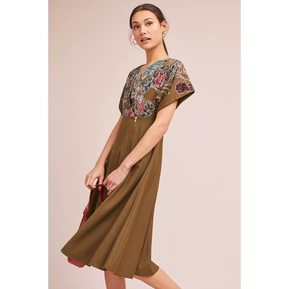 Anthropologie Hemant & Nandita Velvet Floral Midi Dress Womens Size 0/2? Green